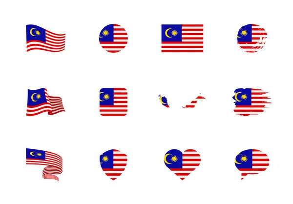 Bandera Malasia Colección Plana Banderas Diferentes Formas Doce Iconos Planos — Archivo Imágenes Vectoriales