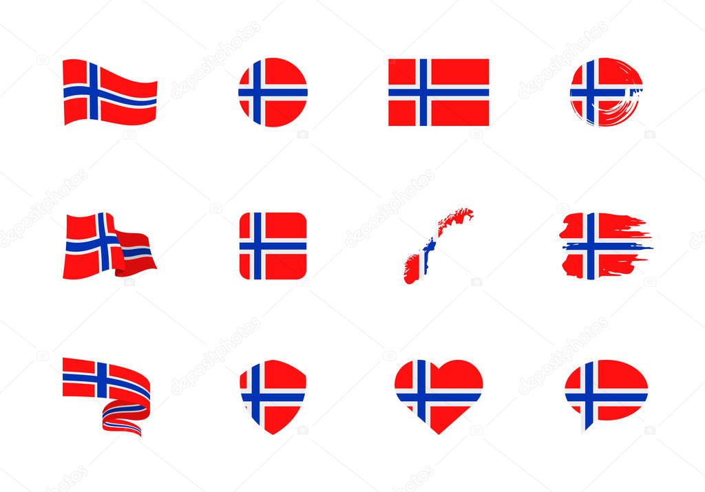 Norway flag - flat collection. Flags of different shaped twelve flat icons. Vector illustration set