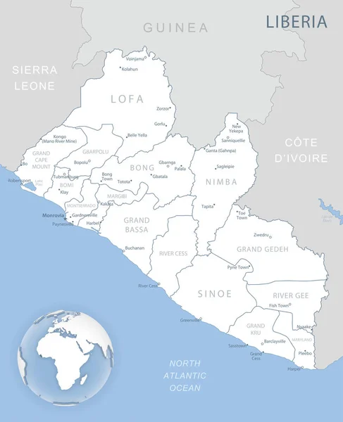 Carte Détaillée Bleu Gris Des Divisions Administratives Emplacement Libéria Sur — Image vectorielle