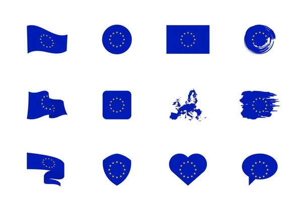 Bandera Unión Europea Colección Plana Banderas Diferentes Formas Doce Iconos — Vector de stock