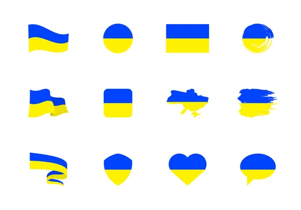 Ucraina Bandiera Collezione Piatta Bandiere Diverse Forme Dodici Icone Piatte — Vettoriale Stock