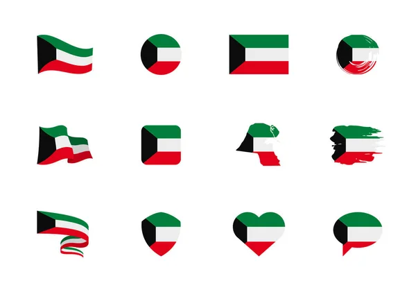 科威特国旗 平面收藏 不同形状的12个扁平图标的旗子 矢量图集 — 图库矢量图片