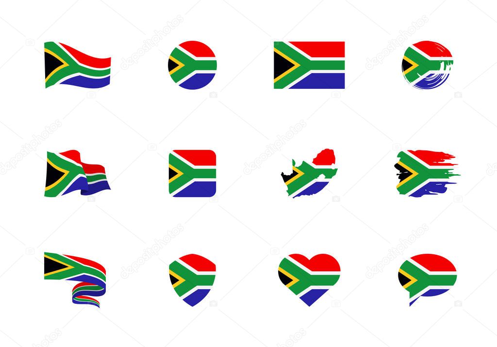 South Africa flag - flat collection. Flags of different shaped twelve flat icons. Vector illustration set