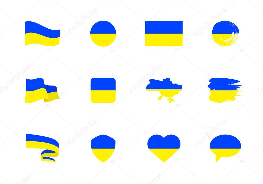 Ukraine flag - flat collection. Flags of different shaped twelve flat icons. Vector illustration set