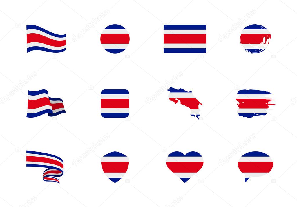 Costa Rica flag - flat collection. Flags of different shaped twelve flat icons. Vector illustration set