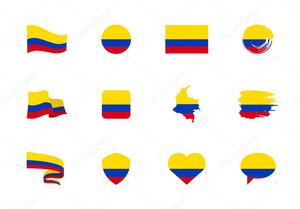 Colombia flag - flat collection. Flags of different shaped twelve flat icons. Vector illustration set