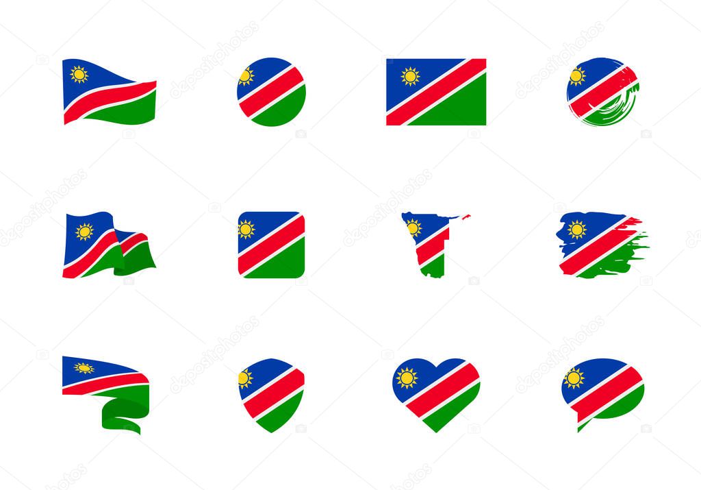 Namibia flag - flat collection. Flags of different shaped twelve flat icons. Vector illustration set