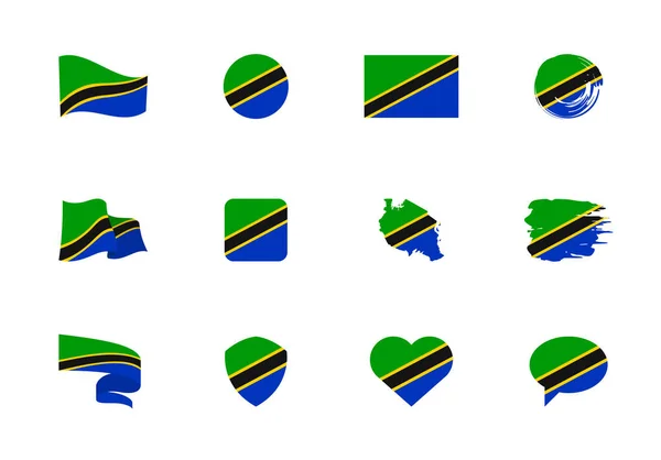 Bandeira Tanzânia Coleção Plana Bandeiras Diferentes Forma Doze Ícones Planos — Vetor de Stock