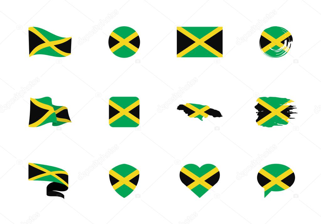 Jamaica flag - flat collection. Flags of different shaped twelve flat icons. Vector illustration set