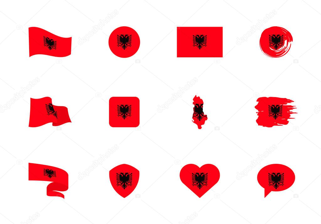 Albania flag - flat collection. Flags of different shaped twelve flat icons. Vector illustration set