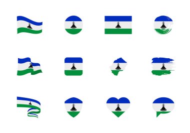 Lesotho bayrağı - düz koleksiyon. Farklı şekilli on iki düz simge bayrakları. Vektör illüstrasyonu