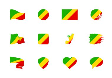 Kongo bayrağı - düz koleksiyon. Farklı şekilli on iki düz simge bayrakları. Vektör illüstrasyonu