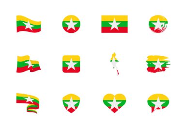 Myanmar bayrağı - düz koleksiyon. Farklı şekilli on iki düz simge bayrakları. Vektör illüstrasyonu