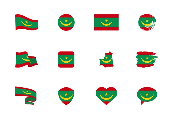 毛里塔尼亚国旗平面收藏 不同形状的12个扁平图标的旗子 矢量图集 — 图库矢量图片