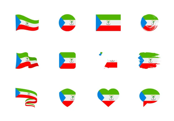 赤道几内亚国旗平面收藏 不同形状的12个扁平图标的旗子 矢量图集 — 图库矢量图片
