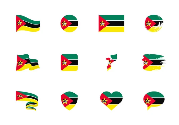 莫桑比克国旗平收藏 不同形状的12个扁平图标的旗子 矢量图集 — 图库矢量图片