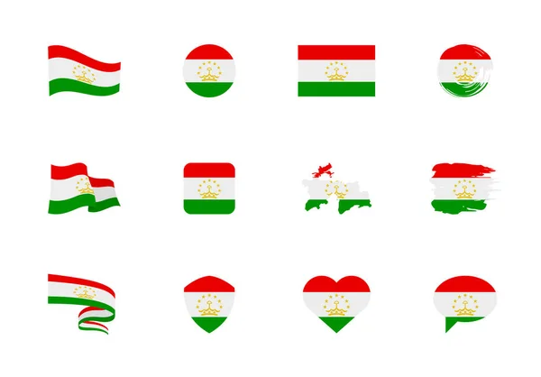 Tadzjikistan Vlag Vlakke Collectie Vlaggen Van Verschillende Vorm Twaalf Platte — Stockvector