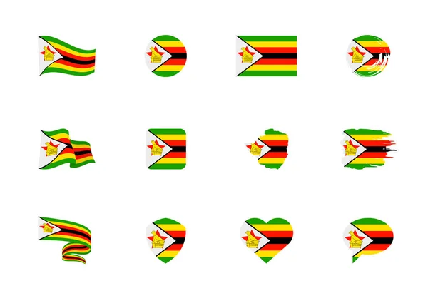 Zimbabwe Flag Collezione Flat Bandiere Diverse Forme Dodici Icone Piatte — Vettoriale Stock