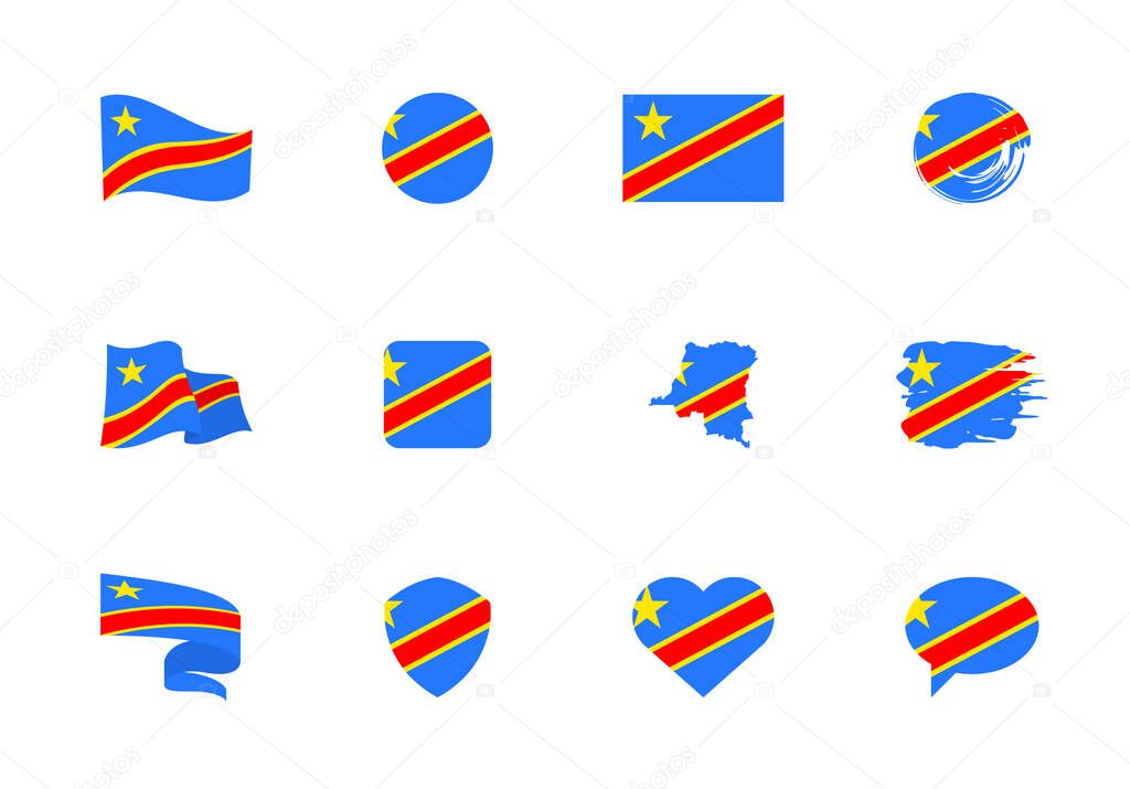 Democratic Republic of the Congo flag - flat collection. Flags of different shaped twelve flat icons. Vector illustration set