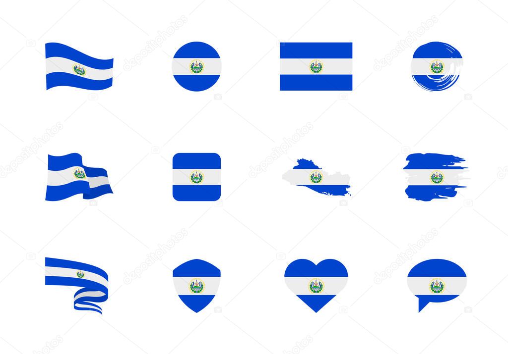El Salvador flag - flat collection. Flags of different shaped twelve flat icons. Vector illustration set