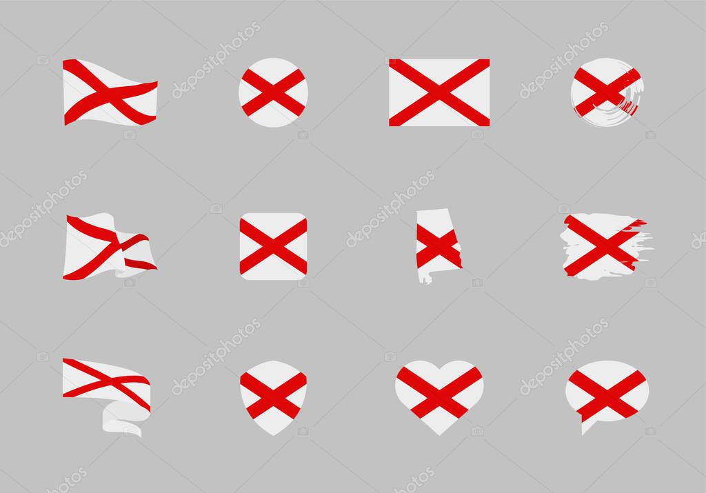 Alabama - US state flat collection. Flags of different shaped twelve flat icons. Vector illustration set