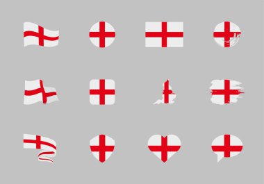 İngiltere bayrağı - düz koleksiyon. Farklı şekilli on iki düz simge bayrakları. Vektör illüstrasyonu