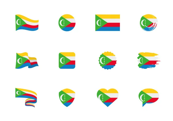 Comoros Flag フラットコレクション 異なる形状の12枚のフラットアイコンのフラグ ベクターイラストセット — ストックベクタ