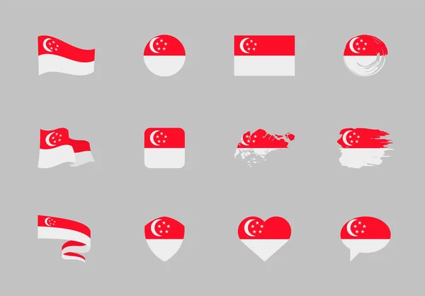 Flagge Singapurs Flache Kollektion Flaggen Unterschiedlicher Form Zwölf Flache Symbole — Stockvektor