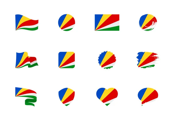 塞舌尔国旗平面收藏 不同形状的12个扁平图标的旗子 矢量图集 — 图库矢量图片