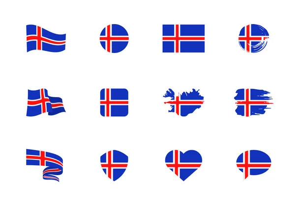 Izlandi Zászló Lapos Gyűjtemény Különböző Alakú Tizenkét Lapos Ikonok Lobogói — Stock Vector