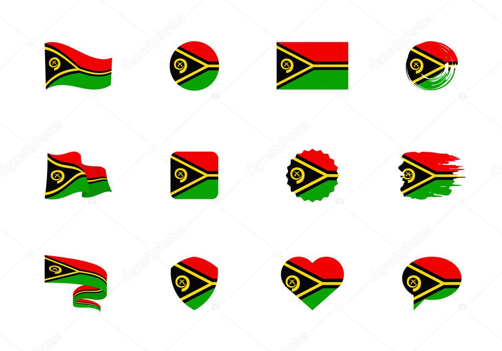 Vanuatu flag - flat collection. Flags of different shaped twelve flat icons. Vector illustration set