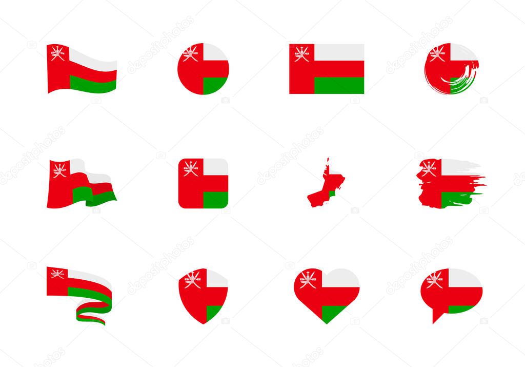 Oman flag - flat collection. Flags of different shaped twelve flat icons. Vector illustration set