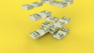 Yukarıdan düşen dolar demetleri yığınlar halinde toplanır. 4K canlandırması