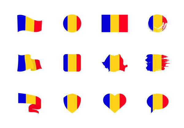 Флаг Румынии - плоская коллекция. Флаги разных форм с двенадцатью плоскими иконами.