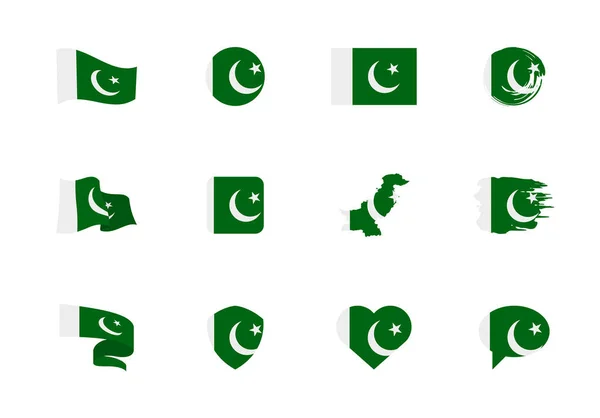Pakistanische Flagge - flache Sammlung. Flaggen unterschiedlicher Form zwölf flache Symbole. — Stockvektor