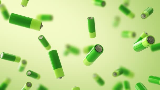 Meerdere vallende groene batterijen met scherptediepte. Concept groene energie. — Stockvideo