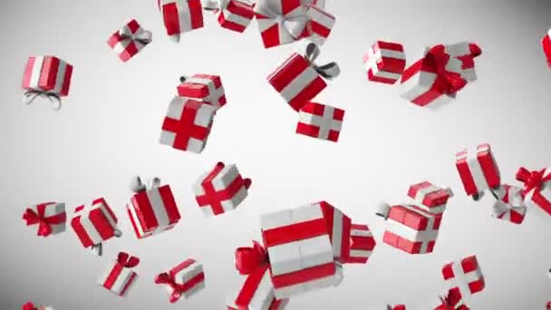 Feestelijke achtergrond. Witte en rode glanzende geschenkdozen met strikken. Loopanimatie — Stockvideo