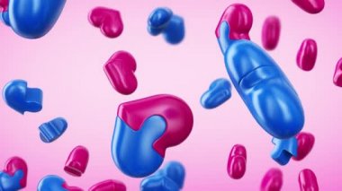 Mavi ve pembe yapboz kalpler pembe arka planda tepeden tırnağa düşüyor