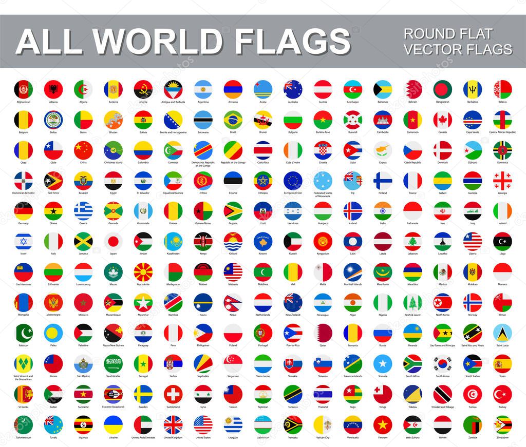 All world flags - vector set of round flat icons. Flags of all countries and continents