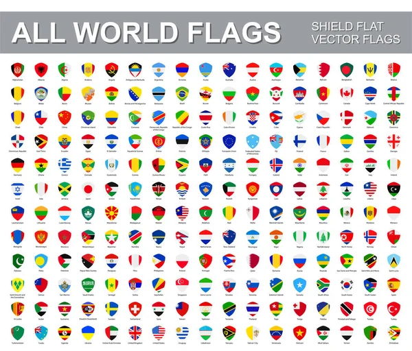 Tous les drapeaux du monde - ensemble vectoriel d'icônes de bouclier plat. — Image vectorielle