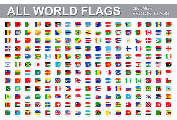 Tutte Bandiere Mondiali Insieme Vettoriale Icone Grunge Piatte Bandiere Tutti — Vettoriale Stock