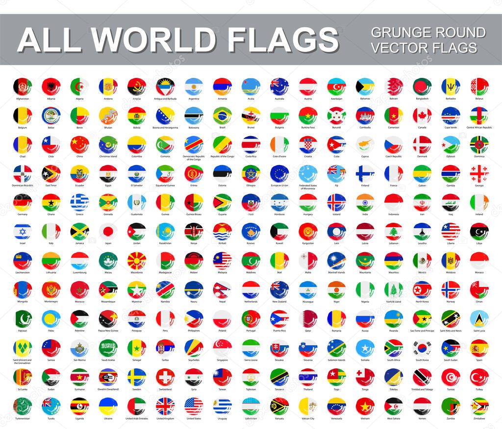 All world flags - vector set of flat round grunge icons. Flags of all countries and continents