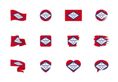 Arkansas - flat collection of US states flags. Flags of twelve flat icons of various shapes. Set of vector illustrations clipart