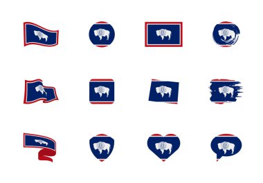 Wyoming - ABD bayraklarının düz koleksiyonu. Çeşitli şekillerde on iki düz simge bayrakları. Vektör çizimleri kümesi