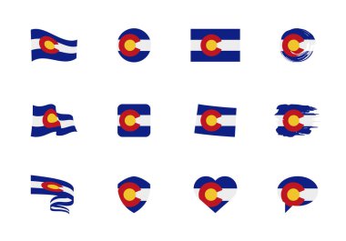 Colorado - ABD bayraklarının düz koleksiyonu. Çeşitli şekillerde on iki düz simge bayrakları. Vektör çizimleri kümesi