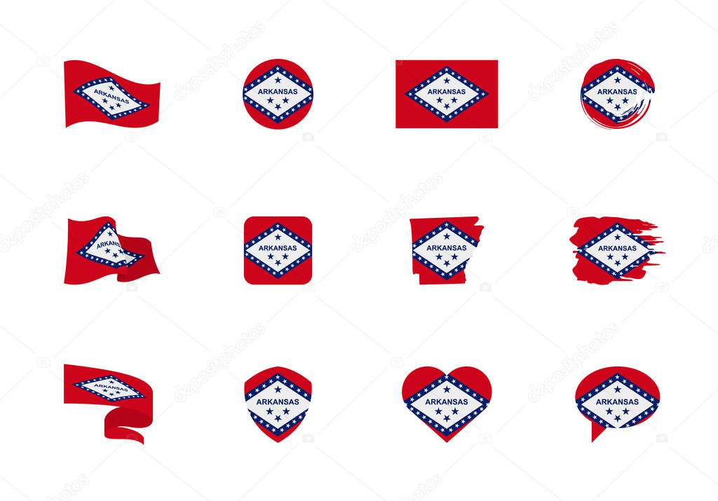 Arkansas - flat collection of US states flags. Flags of twelve flat icons of various shapes. Set of vector illustrations