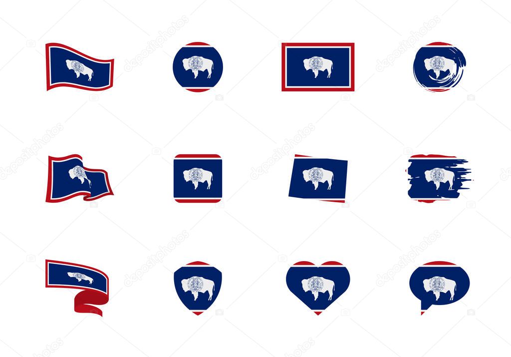 Wyoming - flat collection of US states flags. Flags of twelve flat icons of various shapes. Set of vector illustrations