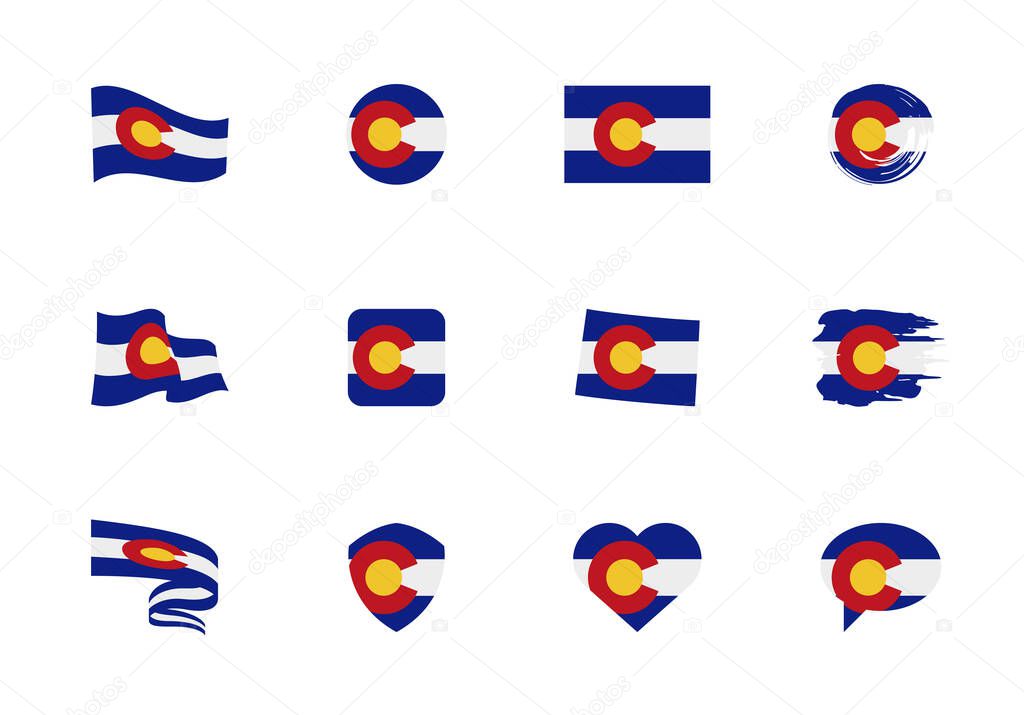 Colorado - flat collection of US states flags. Flags of twelve flat icons of various shapes. Set of vector illustrations