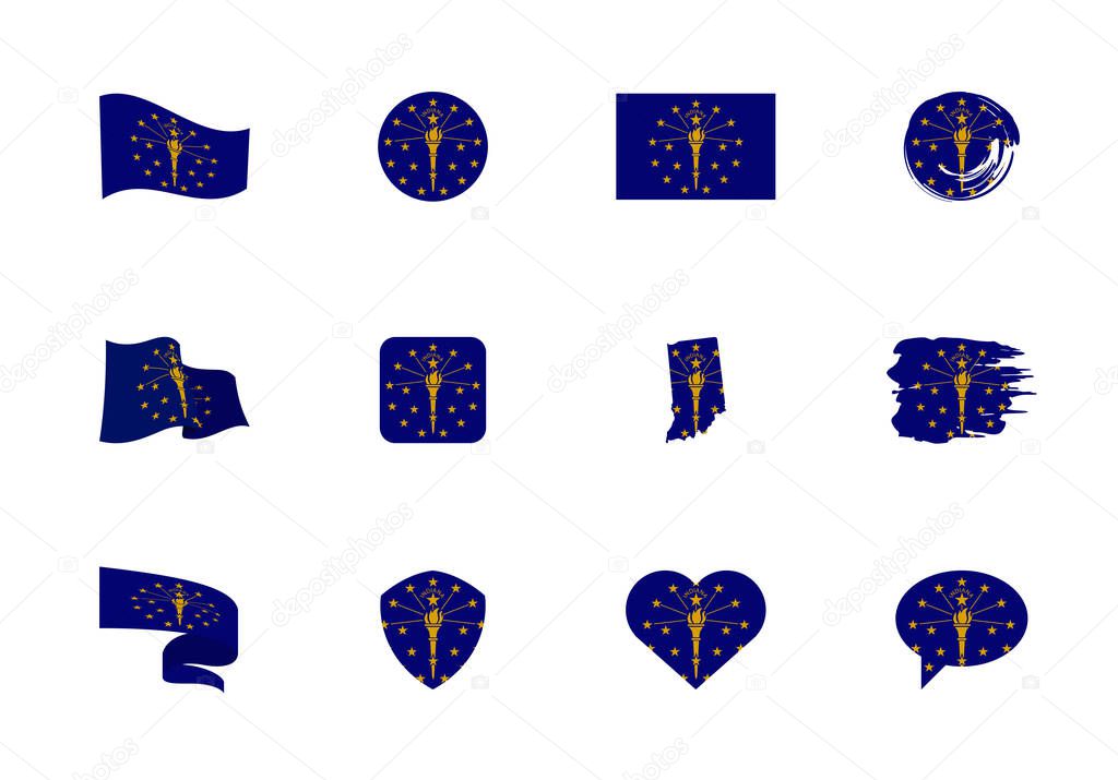 Indiana - flat collection of US states flags. Flags of twelve flat icons of various shapes. Set of vector illustrations