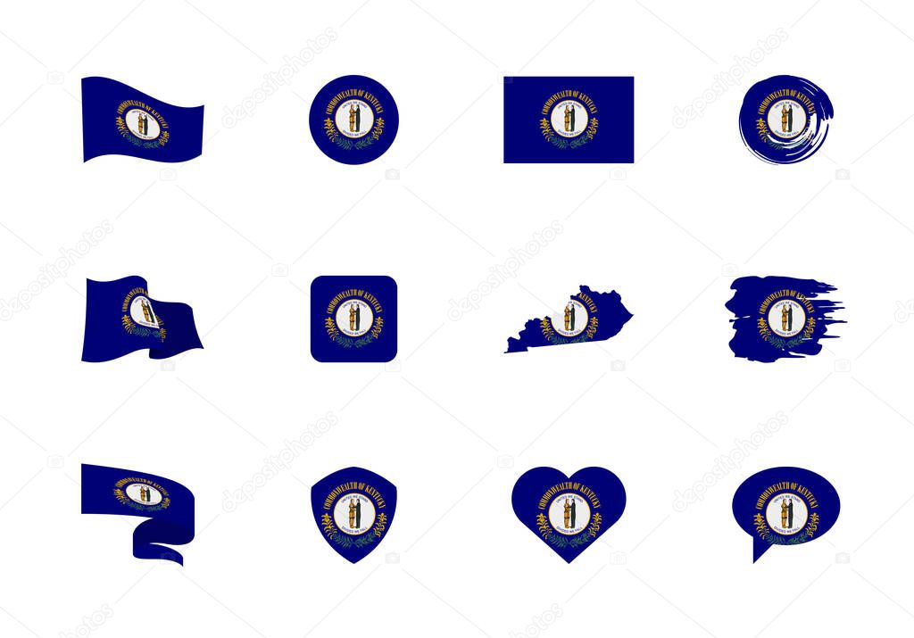 Kentucky - flat collection of US states flags. Flags of twelve flat icons of various shapes. Set of vector illustrations